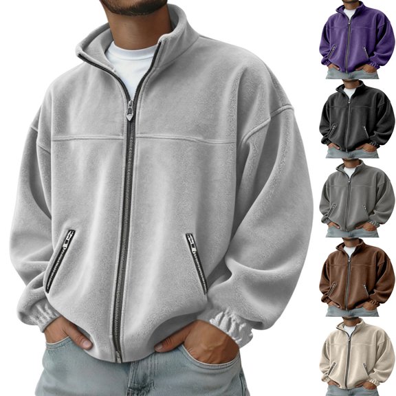 Zip Up Fleece Jacket For Men Stand Collar Loose Fit Long Sleeve Solid Color Casual Sweatshirt