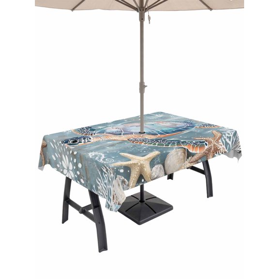 Outdoor Tablecloths with Umbrella Hole & Zipper, Blue Turtle Coastal Rectangle Tablecloth 52x70 Inch, Summer Beach Nautical Starfish Coral Waterproof Table Cloth, Patio/Pool/Picnic Table Covers