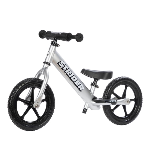 Strider 12” Pro Bike, Silver - No Pedal Balance Bicycle for Kids 1 to 4 Years - Includes Safety Pad, Padded Seat, Mini Grips & Flat-Free Tires - Tool Free