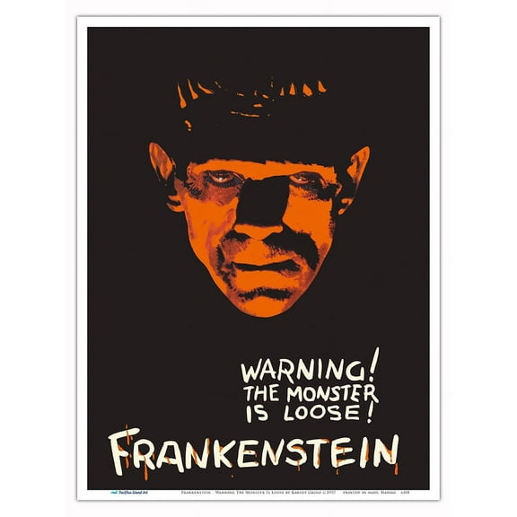 Frankenstein - Warning The Monster Is Loose - Vintage Horror Silent Film Movie Poster by Karoly Grosz c.1927 - Master Art Print (Unframed) 9in x 12in