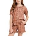 thumbnail image 2 of Vornjynx Kids Girls Outfit Sets Puff Sleeve Tops and Ruffle Hem Shorts Plaid Print 2026 Summer Comfort Clothes 2 Piece Brown Size 3-4T, 2 of 9