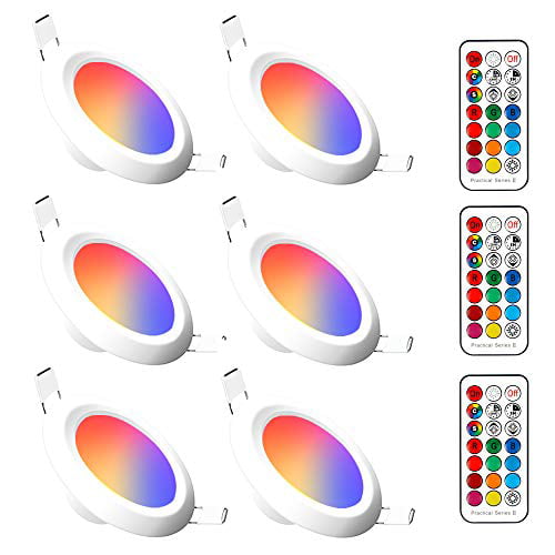 2 Modes Dual Memory LED Recessed Lighting Timer 12 Color Choices 6 Pack 4 Inch LED Downlight Recessed Ceiling Light 10W 900 Lumens RGB & Warm White 2700K Dimmable by IR Remote Control 