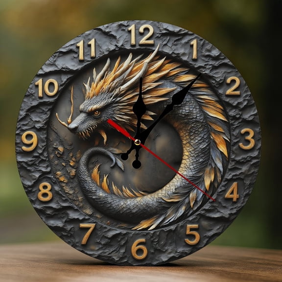 Wall Clock Decorative - Retro Cool Dragon Print 2D Vintage Wall Clocks Battery Operated Silent Non-Ticking for Bedroom, Living Room, Kitchen, Office, Classroom, 10 Inch