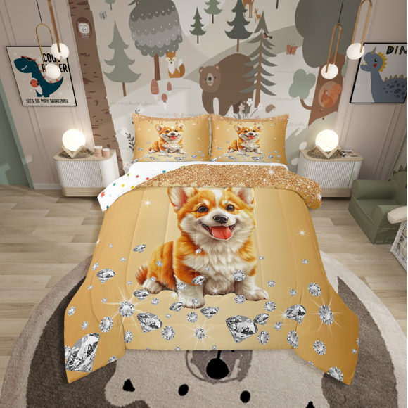 Erosebridal Kawaii Corgi Comforter Sets Queen Size For Kids,Bling Sequin Print Bedding Queen Comforter Set,Crystal Room Decorative,Reversible,3Pcs