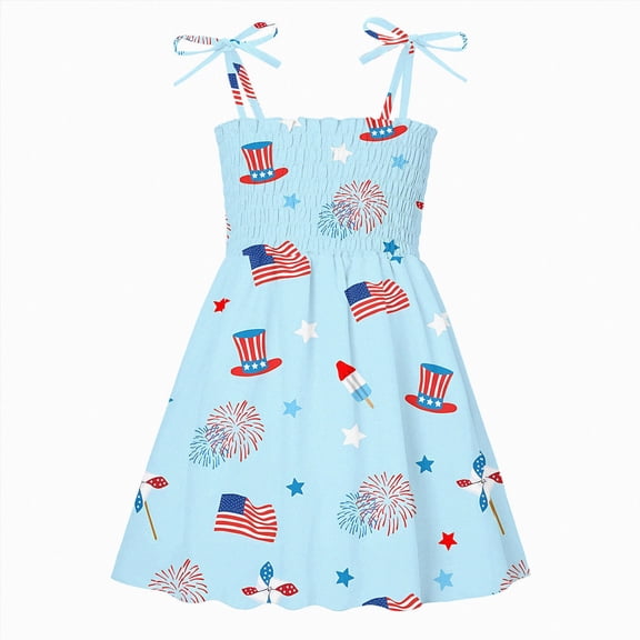 dmqupv 4th of July Toddler Girl Girls Sleeveless Ruched Dress Layered Ruffle Red White Blue Summer Patriotic Wear Sky Blue,3-4 Years