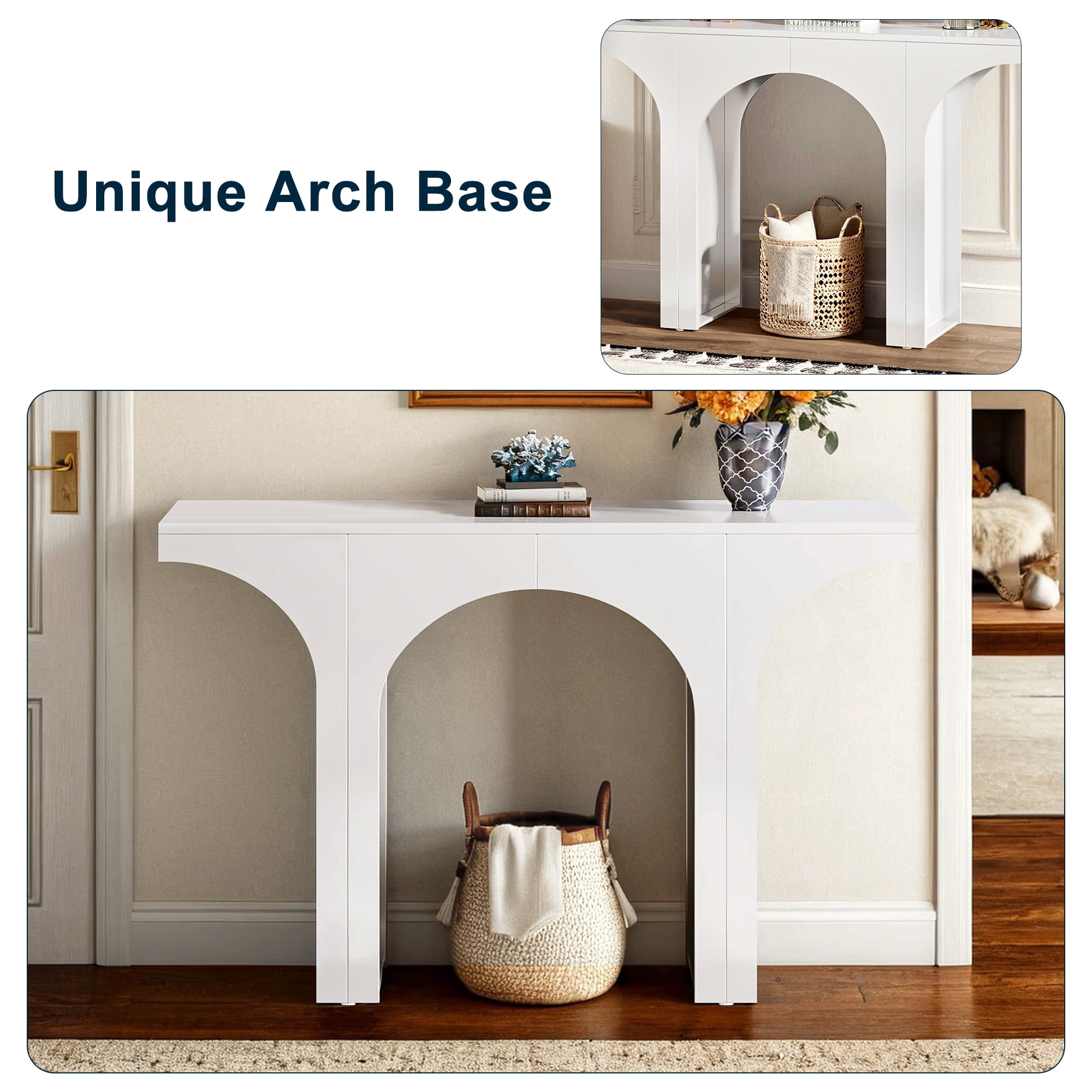Demi Bonn 47" Console Table, Wooden Entryway Table Sofa Table with Arch Base for Hallway, Bedroom, Living Room, White