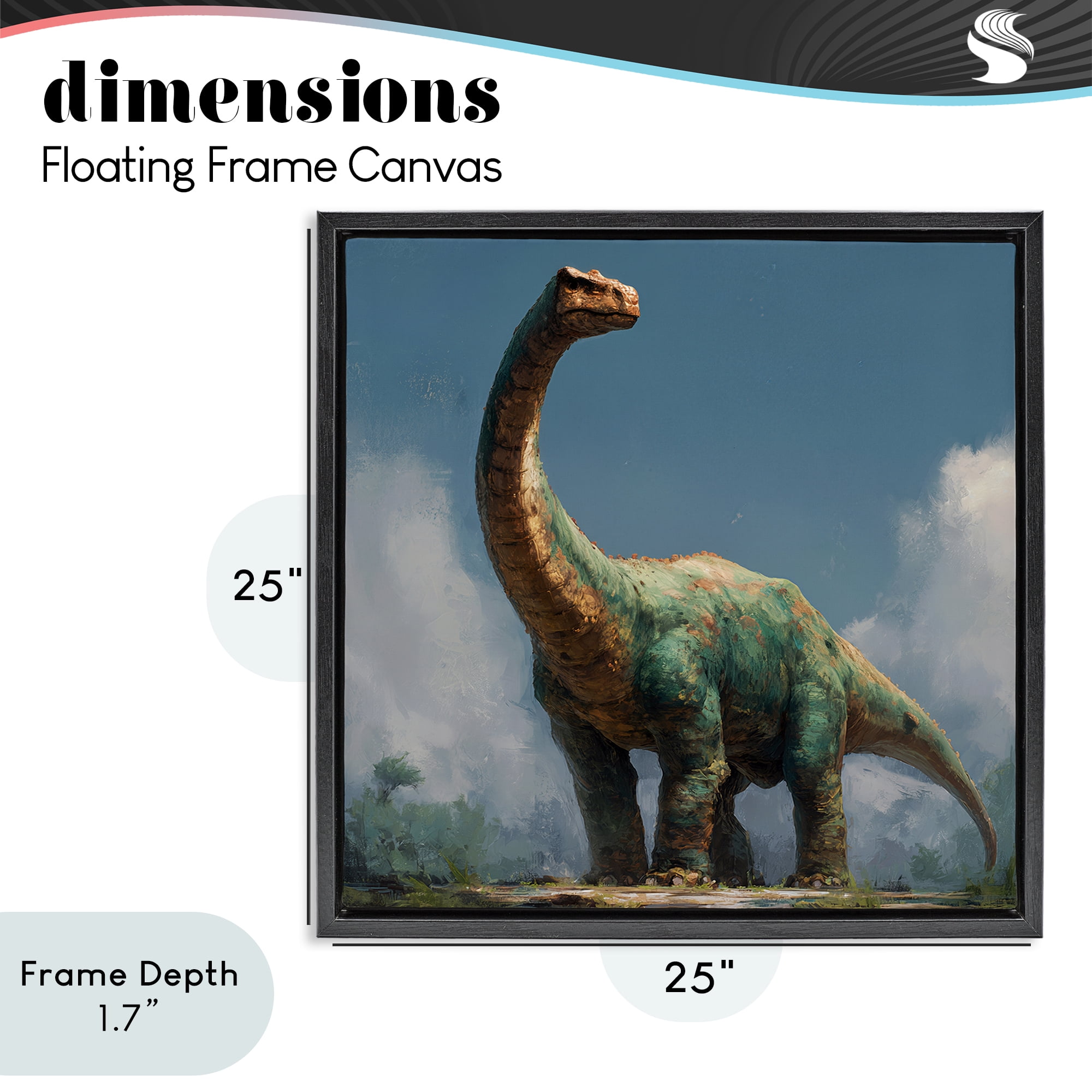 Stupell Industries Colossal Brontosaurus in Meadow Black Framed Floater Canvas Wall Art, design by Wumples