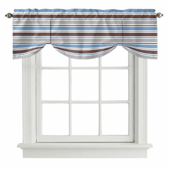 Tie Up Valances for Windows, Blue Brown Striped Adjustable Valance Curtains Window Treatment for Living Room, Farmhouse Stripes Modern Abstract Art Rod Pocket Kitchen Curtains & Drapes 42x12 Inch