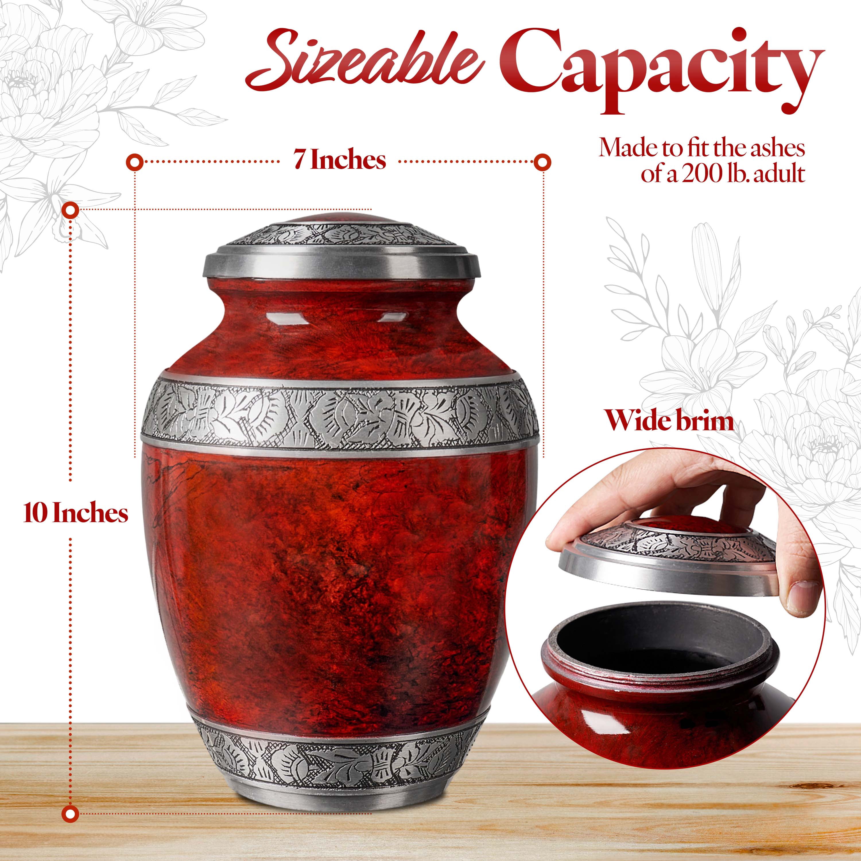 Cremation Urn for Adult Human Ashes -Hand Engraved Name Large Handcrafted Funeral Memorial with Striking Red Design (Aluminum - 10 Inch Height x 7 Inch Width)