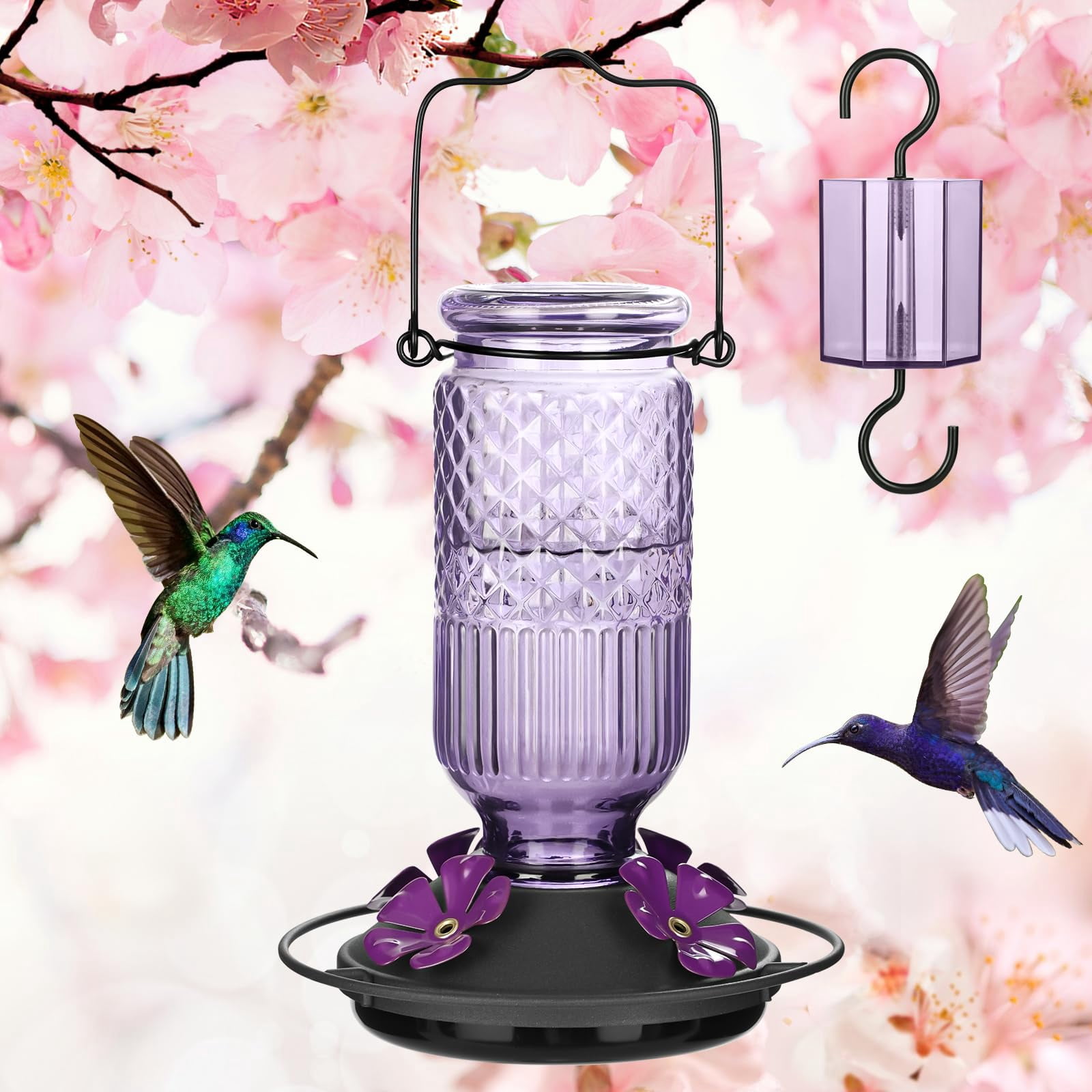Glass hummingbird feeder, 16 oz outdoor hanging bird feeder with anti-ant trough, 4 bee-proof feeding openings, 360° perch, leak-proof.