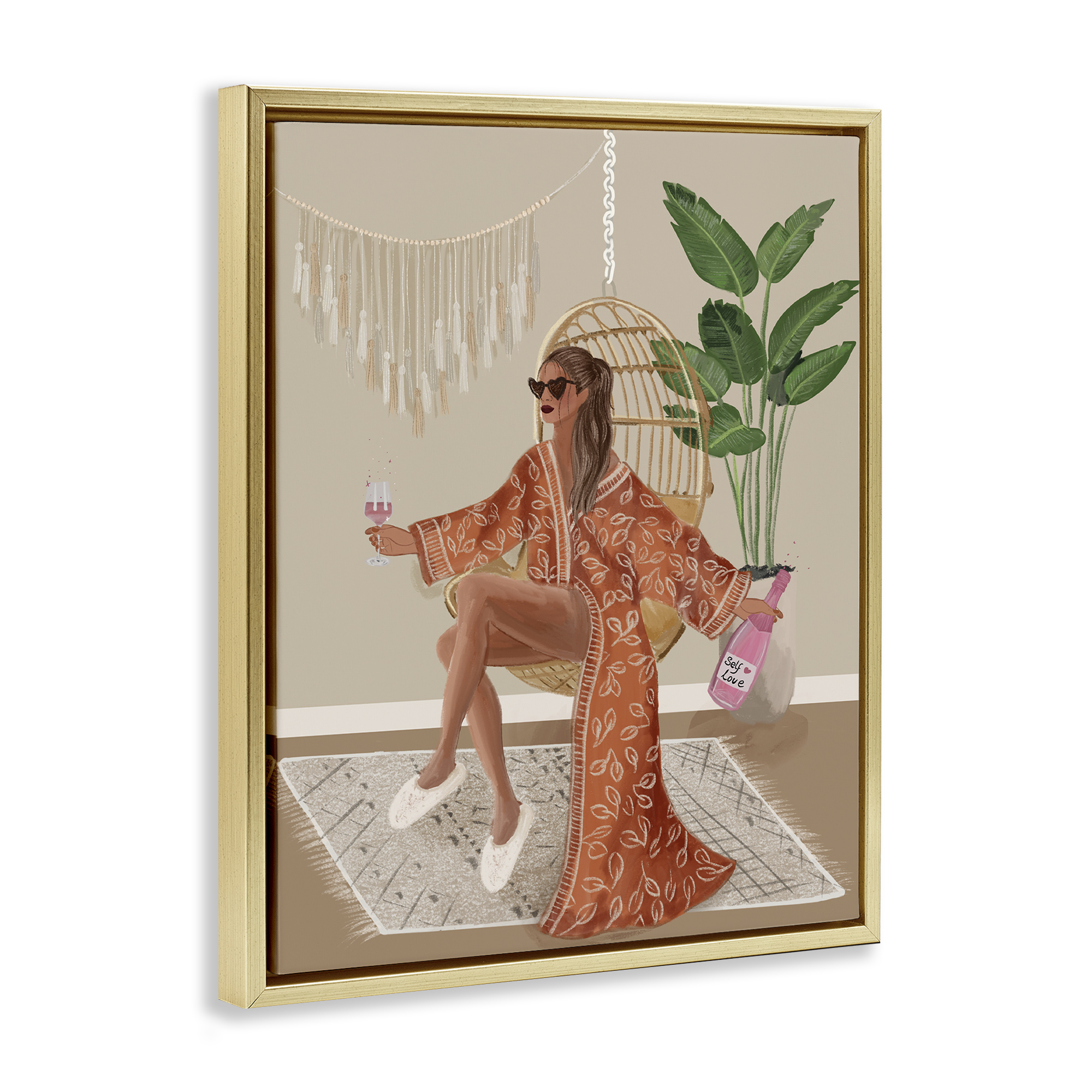 Stupell Industries Boho Glam Girl Novelty Painting Gold Floater Framed Art Print Wall Art, 17 x 21