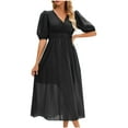 thumbnail image 1 of Staron Robes Décontractées pour Femmes Manches Lanterne Taille Élastique Ample Été Maxi Robe de Soleil Col en V Ligne Évasée Boho Fluide Robes de Plage Noires m, 1 of 7