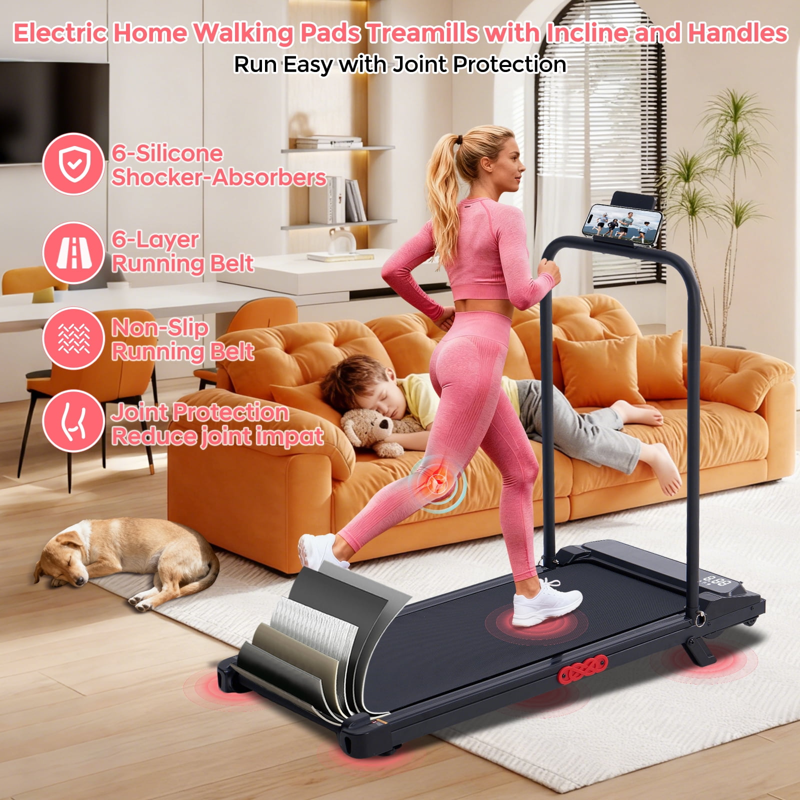 HevGlrm Walking Pad Treadmill with Incline for Home,3.0HP Portbale Under Desk Treadmills with Handles,350 lbs Capacity Compact Running Treadmill for Small Space,0.6-7.6 MPH