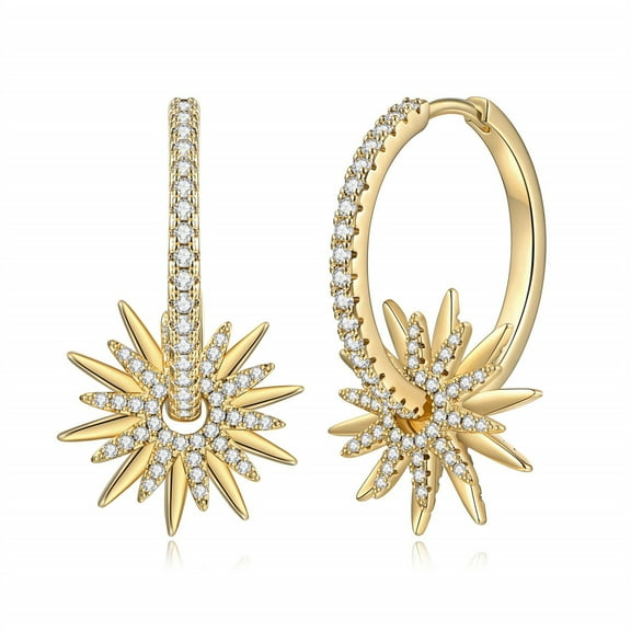 Sunburst Earrings for Women Huggie Hoop, Hypoallergenic S925 Sterling Silver Post 14K Gold Plated Dainty Sunburst Drop Dangle Huggie Earrings Small Star CZ Hoop Earrings Jewelry Gifts for Women