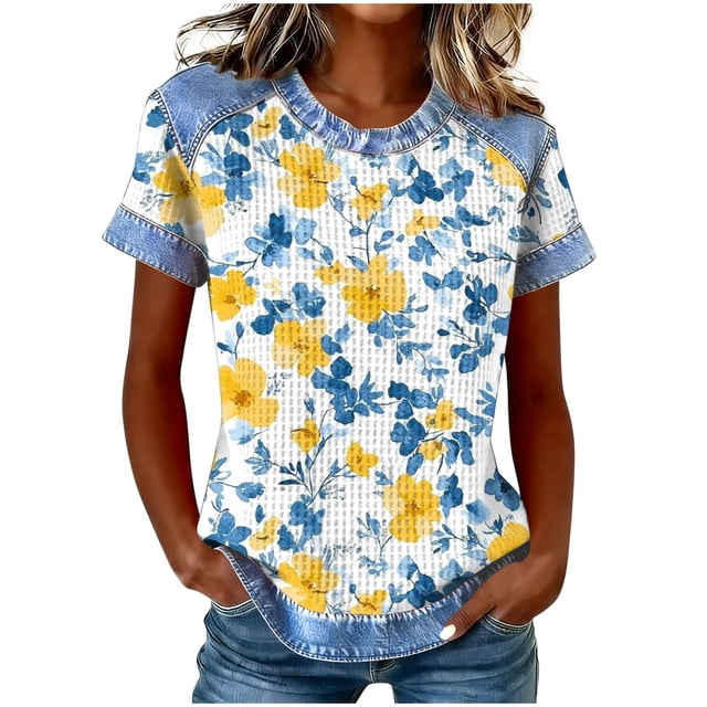 Tops de Manga Corta para las Mujeres Camiseta de Cuello Redondo de Color Sólido