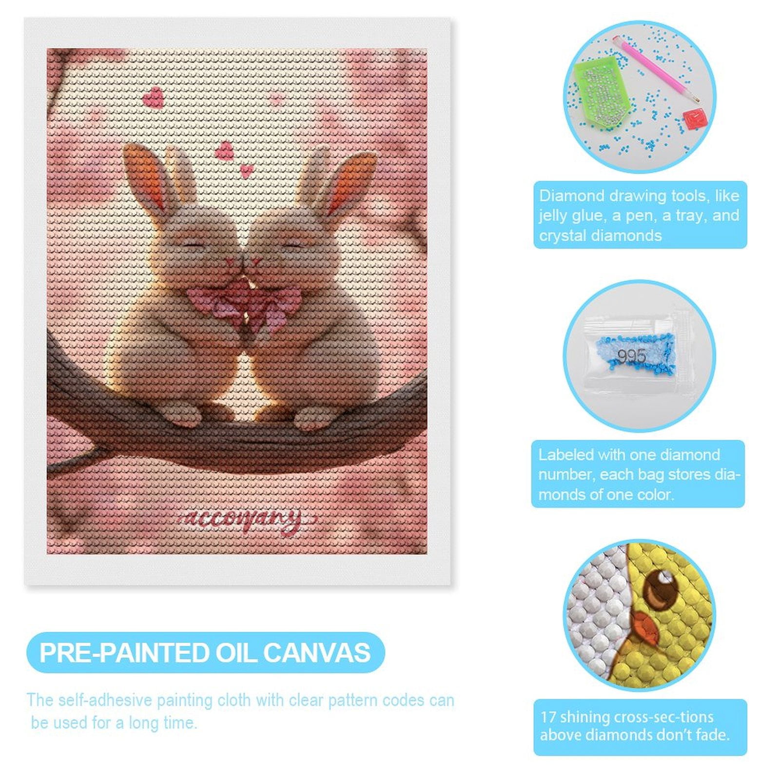 Diamond Art Kits for Adults, Romantic Bunny Pair Blossoms 5D Diamond Painting Kits for Adults Beginners, DIY Full Drill Diamond Painting, Gem Art and Crafts 12x16