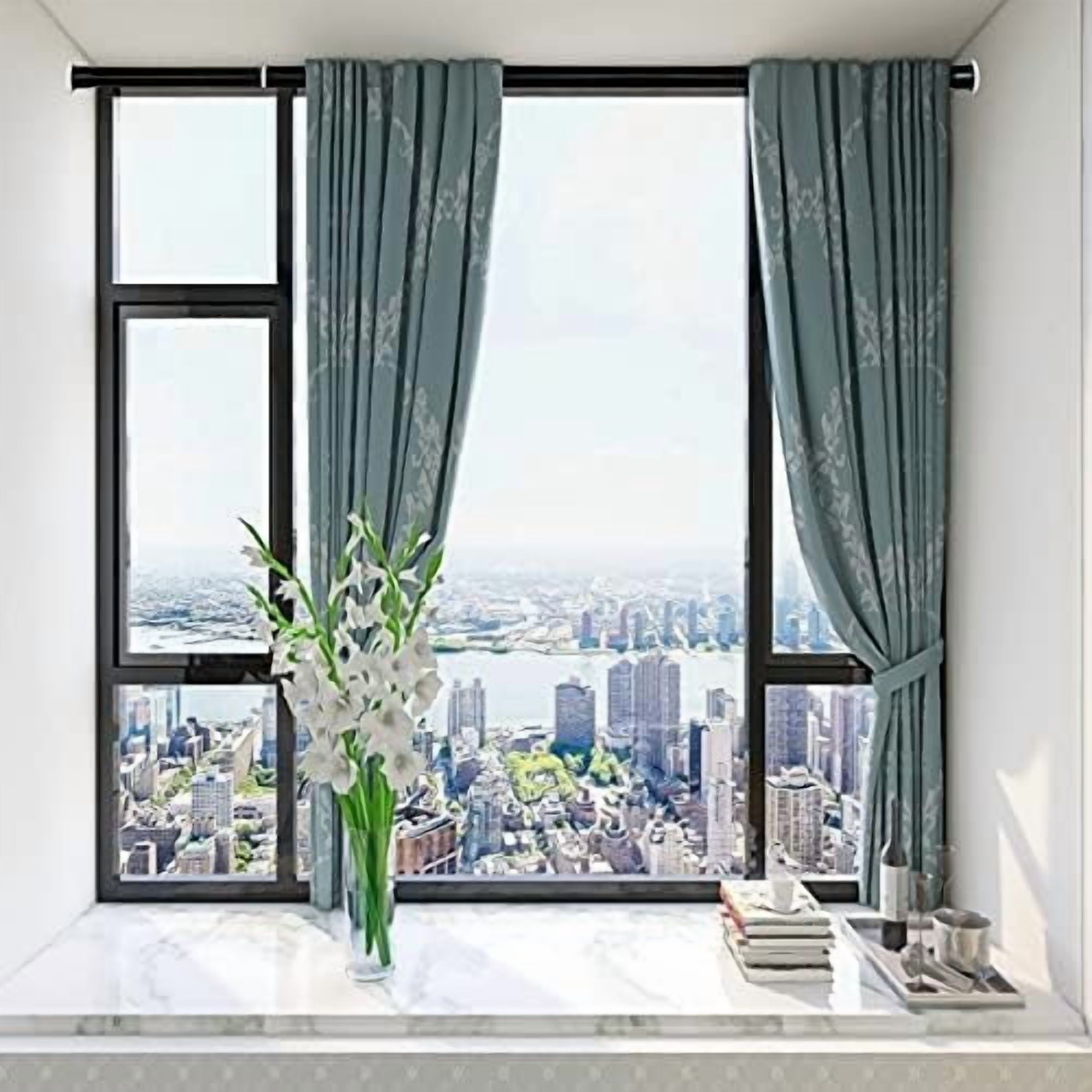 Tension Curtain Rod 43 to 83 Inches (3.6 to 7 ft), 1.26" Diameter Spring Adjustable Heavy Duty Long Large Curtains Pole for Windows Door Bathroom Patio Outdoor No Drilling, Black