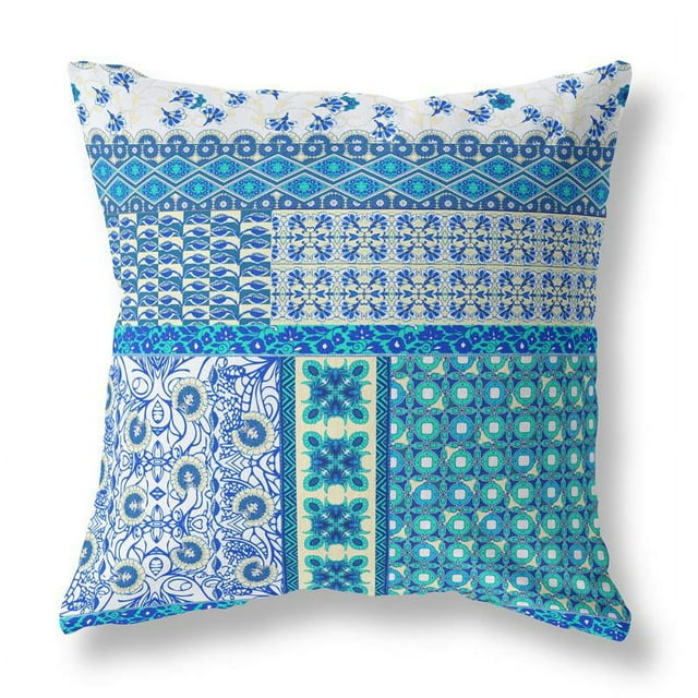 Oreiller en Tissu Patchwork Château de Fleurs avec Zip -Blanc Bleu 26x26