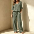 thumbnail image 5 of 2 Piece Outfits For Women, V Neck Pullover Blouse & Drawstring Pants Set, Solid Color Casual Summer Travel Clothes, Comfy Lounge Set With Pockets Army Green XL, 5 of 6