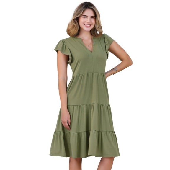 DARING DIVA V Neck Midi Sundress Flowy Tiered Beach Dress S Army Green