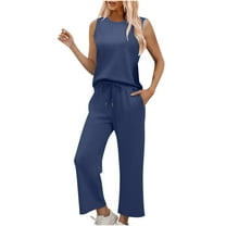 Fall Outfits Set for Women New Women Solid Two Piece Sets for Women Summer Vacation Travel Outfits Round Neck Lounge Matching Sets Navy S