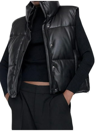 Women's Vegan Leather Cropped Puffer Vest by Gap Black Size M