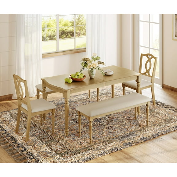 5 Piece Dining Table Set for 6-8 People - Includes One Dining Table, 2 Upholstered Benches, 2 Cross Back Dining Chairs, Rustic Dining Set for Kitchen, Oak