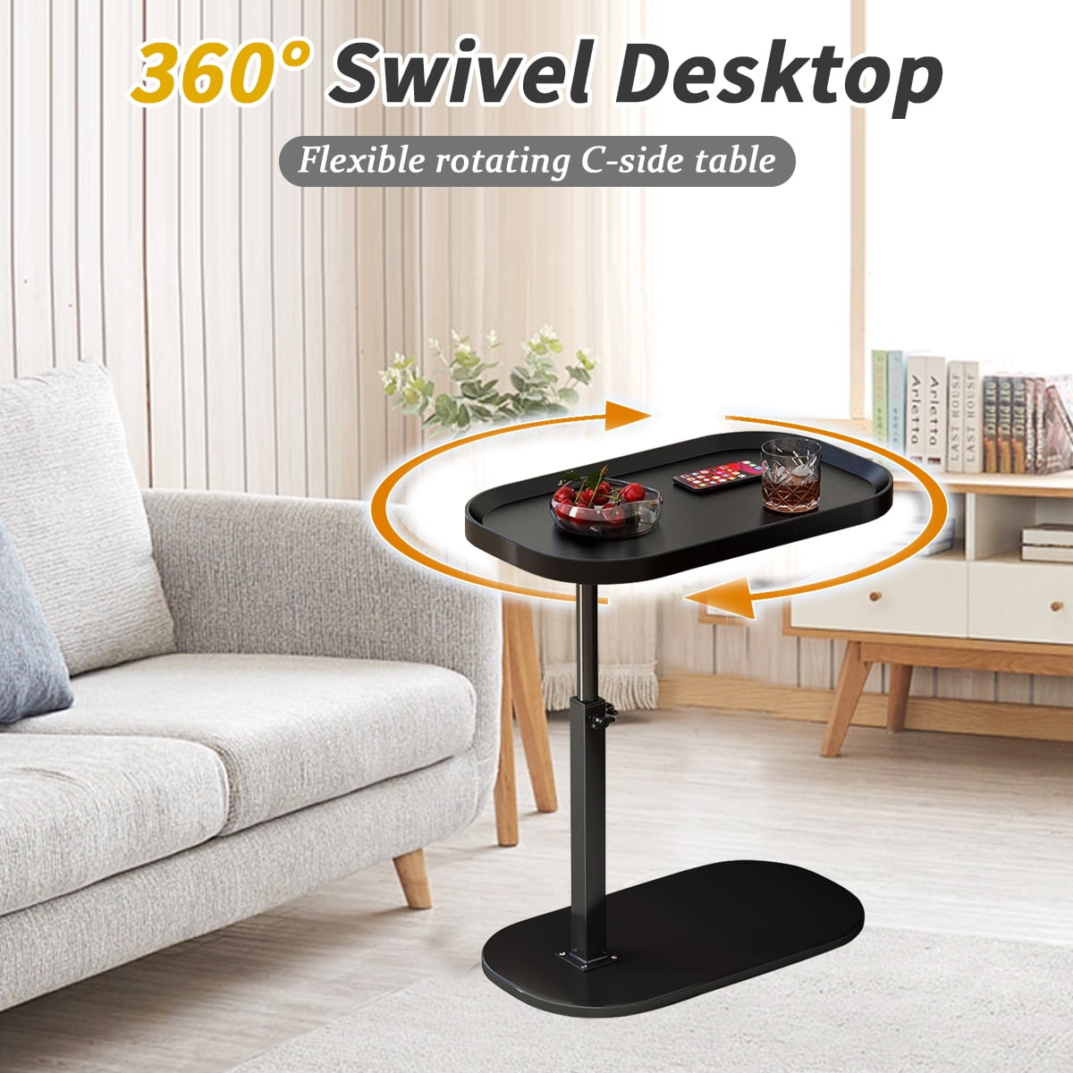 MONEHANE C-Shaped End Table, 360° Rotating Adjustable Height Couch Side Tables for Sofa / Bed / Bathtub, Black