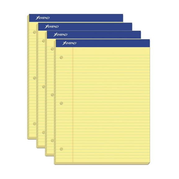 Ampad 20-223 Evidence Dual Pad 4 Pack College Medium Ruled 100 Sheet Canary Yellow Paper Pads 8.5 x 11.75 inch