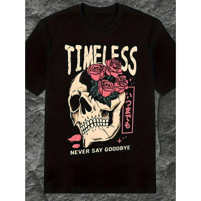 Skull and Floral Print Mens Plus Size Short Sleeve Crew Neck T Shirt Casual Summer Top in Black