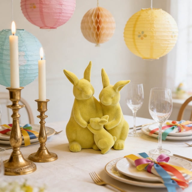 figura de conejo de pascua de estilo minimalista, figura amarilla aterciopelada de tres conejos agrupados con silueta simple y acabado liso, centrada sobre mantel de mesa festiva con copas, velas y faroles colgantes; adorno decorativo para hogar y escritorio, a menudo usado como figura decorativa de mesa en celebraciones de primavera.