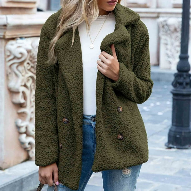 Chaqueta cálida para mujer para mujer, abrigo de invierno sólido con cuello de plumón, prendas de vestir exteriores de lana de cordero Fridja po1403