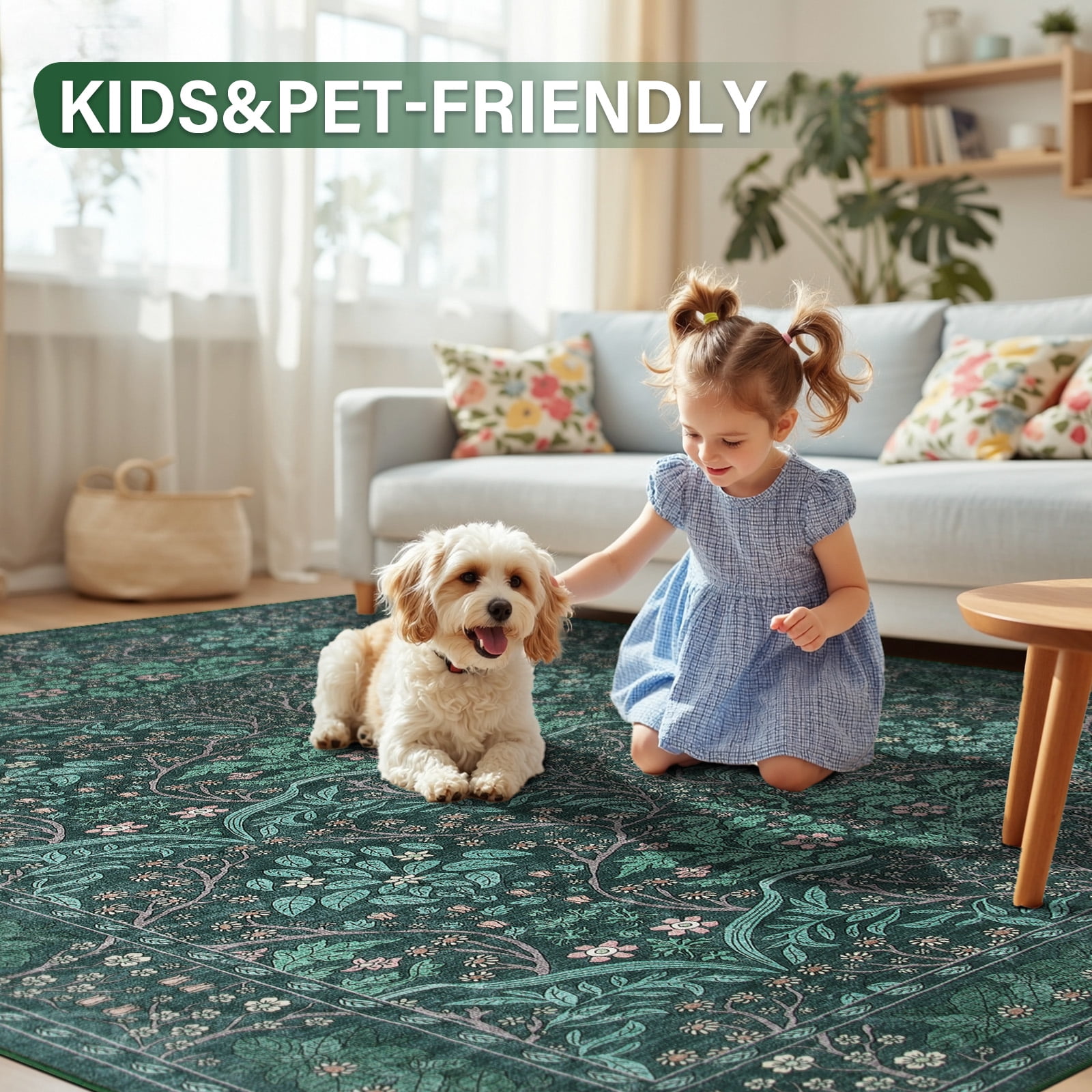PLEASOR 8'x10' Area Rug for Living Room, Green Washable Area Rugs with Non-Slip Backing, Boho Floral Vintage Carpets Low Pile for Dining Room, Bedroom, Home Office, Indoor, Nursery, Apartment