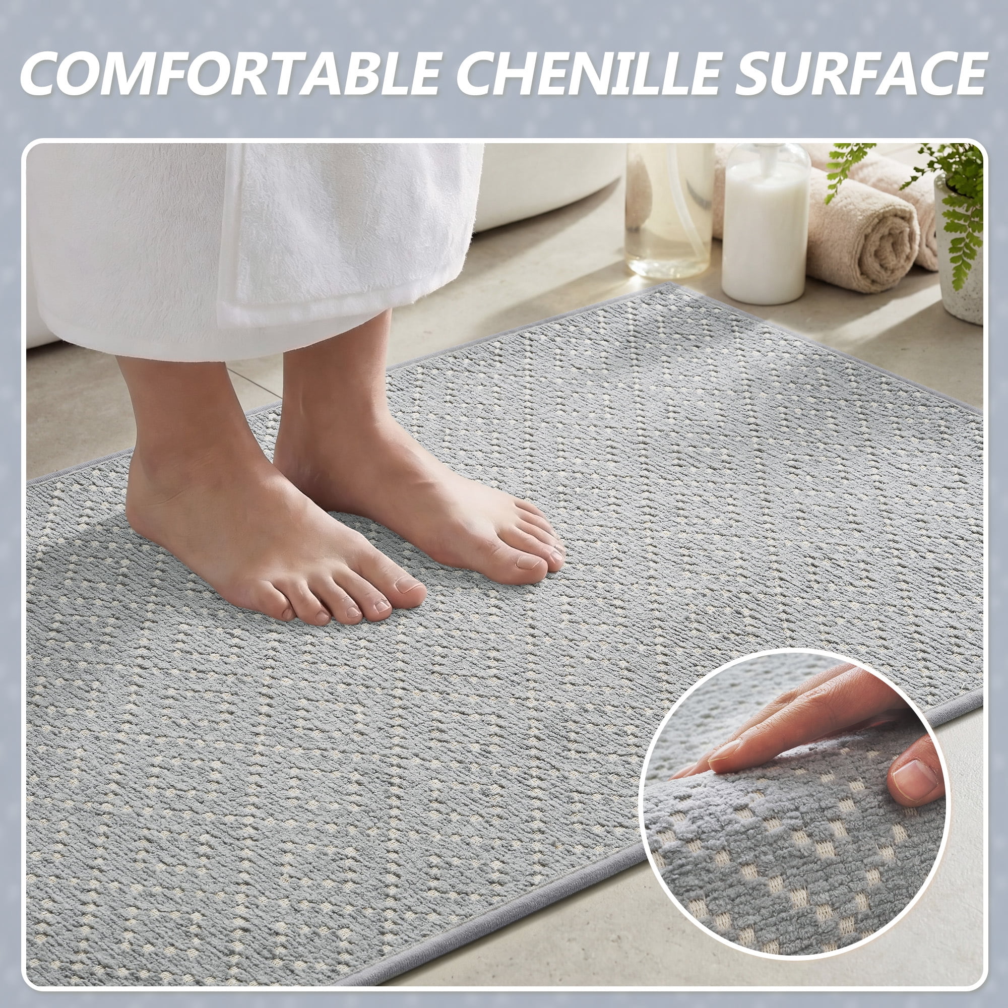 FEELHOME Bathroom Rug Diamond Pattern Absorbent Non Slip Bath Mat Soft Chenille Quick Dry Machine Washable Bathroom Mat with Rubber Backing Durable Bath Rug for Bathroom Floor 24"x35" Gray