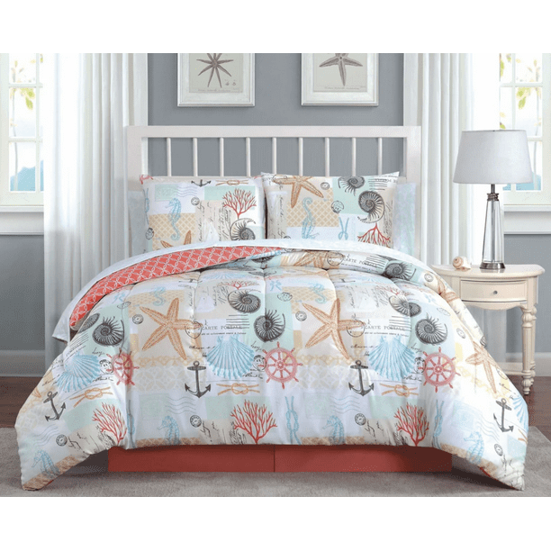 Coastal Coral Beach Seashells Reversible King Comforter Set (8 Piece
