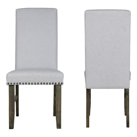 Luo 19 Inch Dining Chairs Set of 2- Nailhead Trim- Gray Fabric- Brown Wood