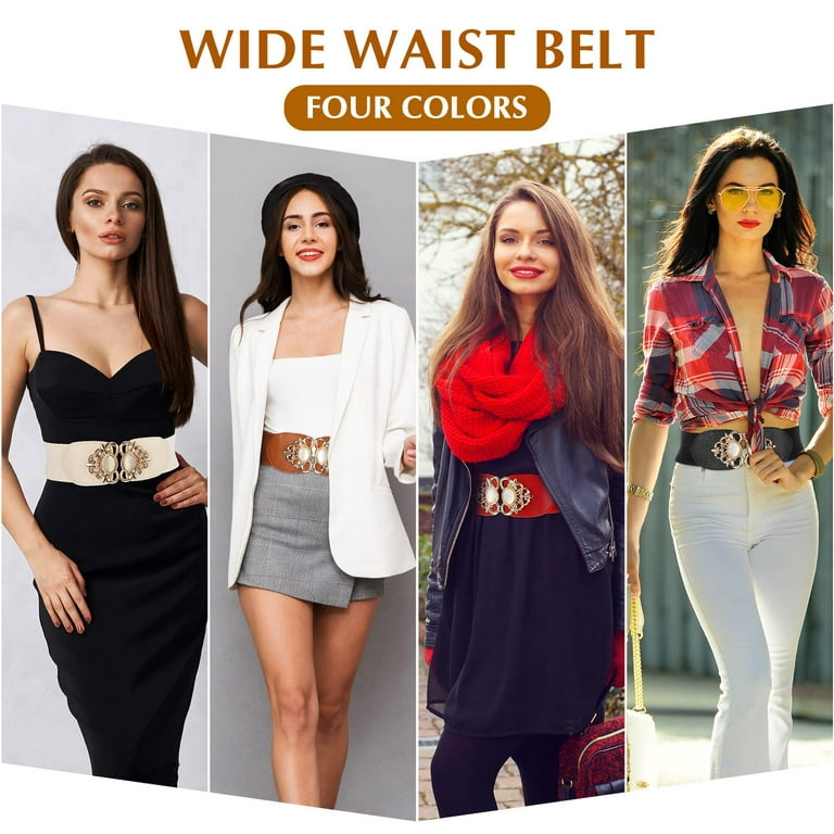 4 Pieces Dress Belts for Women Wide Elastic Stretch Belt Ladies Belts for  Dresses Vintage Stretchy Waistband Retro Buckle Cinch Belt
