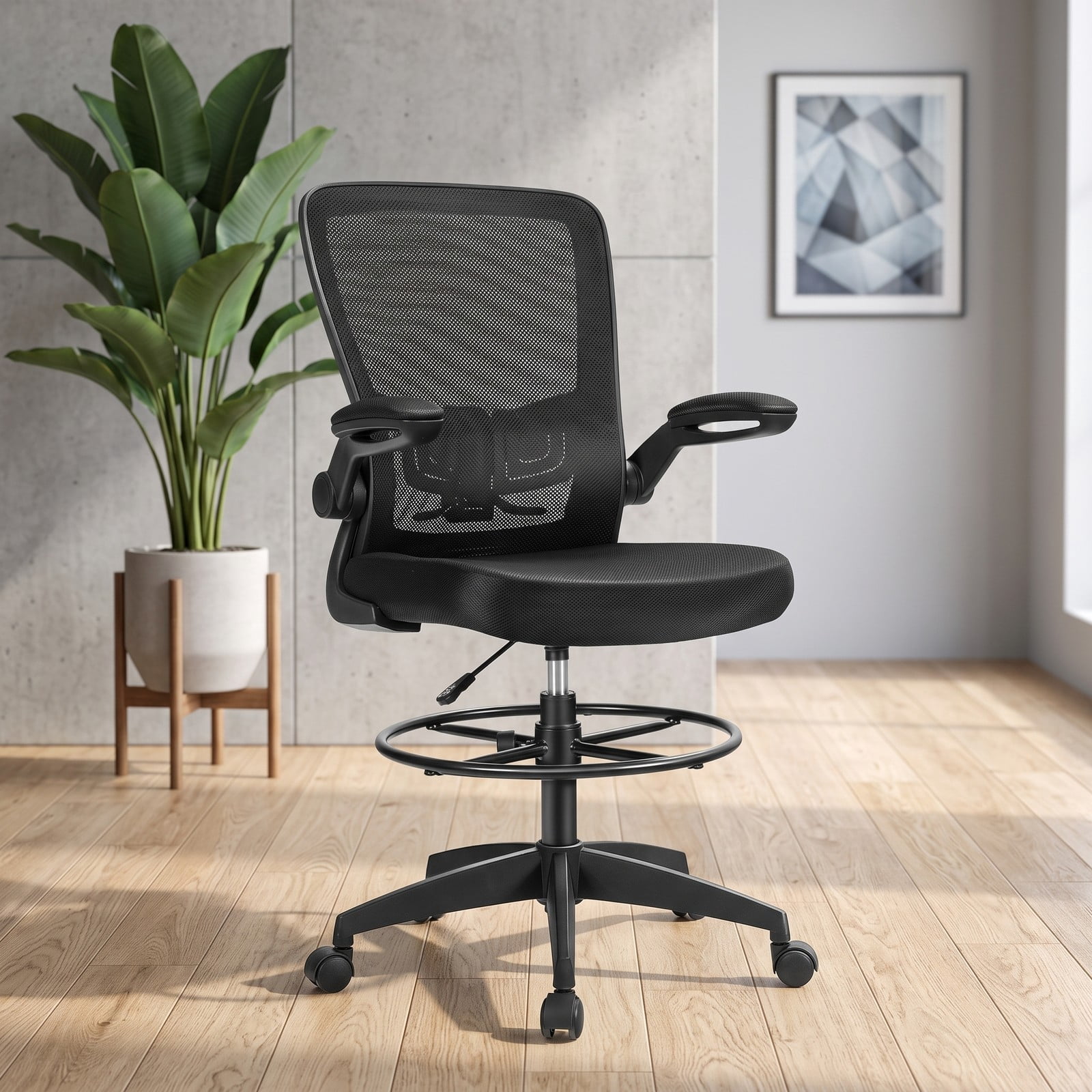 Furnibear Height Adjustable Drafting Chair with Flip-Up Arms, Ergonomic Mesh Back Rolling Task Office Chair with Foot Ring and Adjustable Lumbar Support for, Black