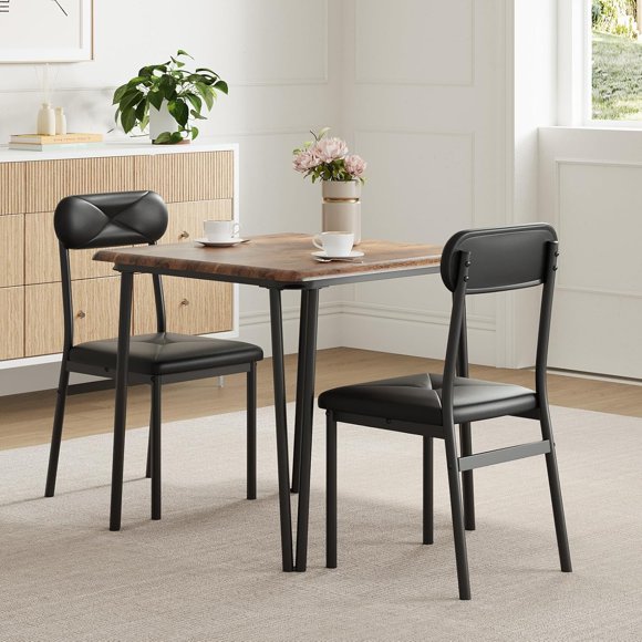 3-Piece Dining Table Set for Two: Wooden Kitchen Table with Metal Frame and 2 Upholstered Chairs — Space-Saving for Apartment or Home Office (Retro)
