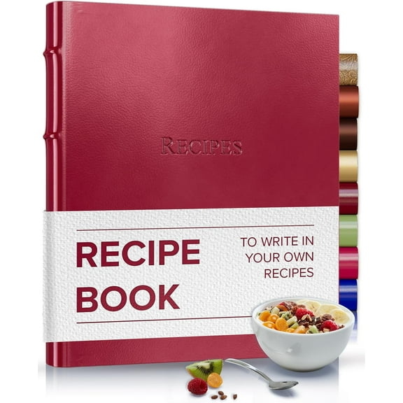 Recipe book to write in your own recipes - 3 Ring Recipe Binder With Plastic Sleeves, Blank, 25 Pocket Pages and Cards, Fillable - Camden Red - 9.25 x 8 "
