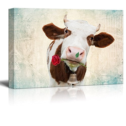 wall26 Canvas Print Wall Art Brown & White Cow Portrait with Rose in Mouth Animals Wildlife Digital Art Realism Rustic Scenic Nature Photography Colorful for Living Room, Bedroom, Office - 24&quo
