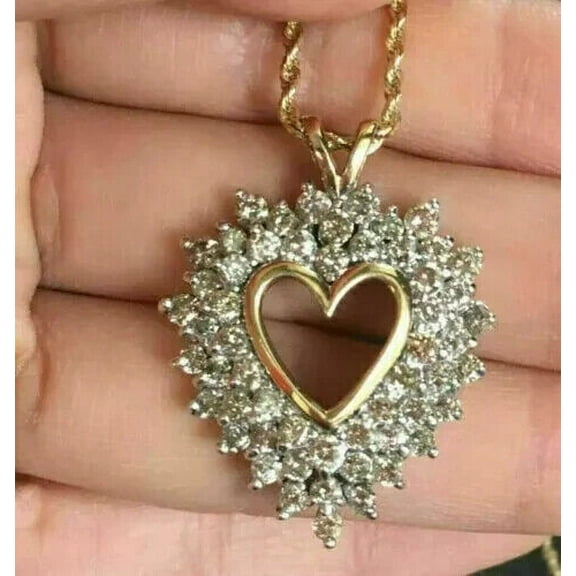 Cluster Heart Pendant 14K Yellow Gold Plated Silver 2.00Ct Round Cut Lab Created Diamond