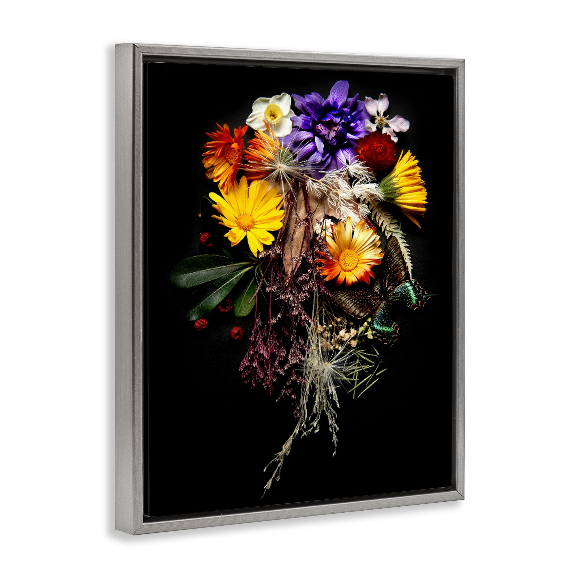 Stupell Industries Butterfly Adorned Arrangement Gray Framed Floater Canvas Wall Art, design by Carl Kravats