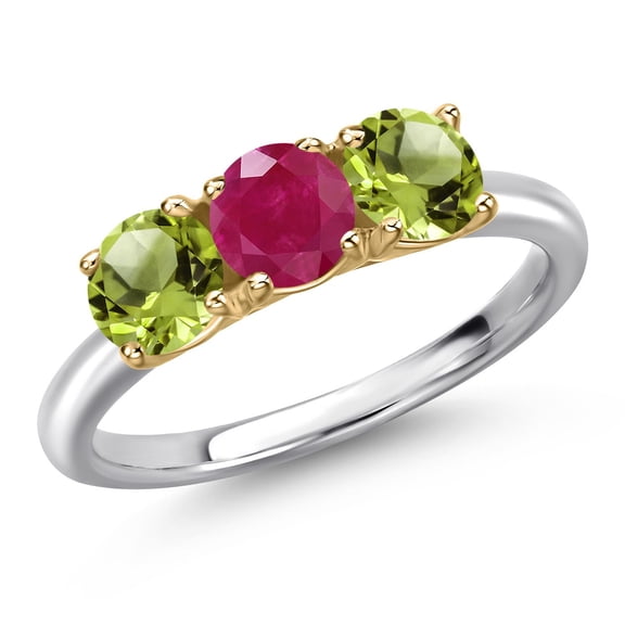 Gem Stone King 925 Silver and 10K Yellow Gold Red Ruby and Green Peridot Engagement Ring for Women | 1.65 Cttw | Round 5MM | Gemstone July Birthstone | Size 7