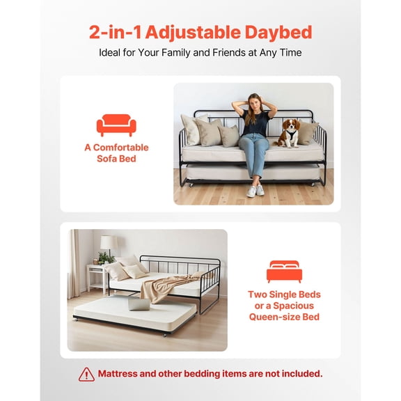 Full Size Daybed Frame with Trundle Pull Out, Metal Slats Support – Sturdy Steel Construction for Bedroom, Guest Room, Dorm