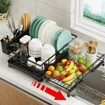 PHANCIR Retractable large Capacity Dish Drying Rack, Compact Stainless Steel Dish Rack with Utensil Holder, Space-Saving Storage & Organizer for Kitchen Countertop, Black