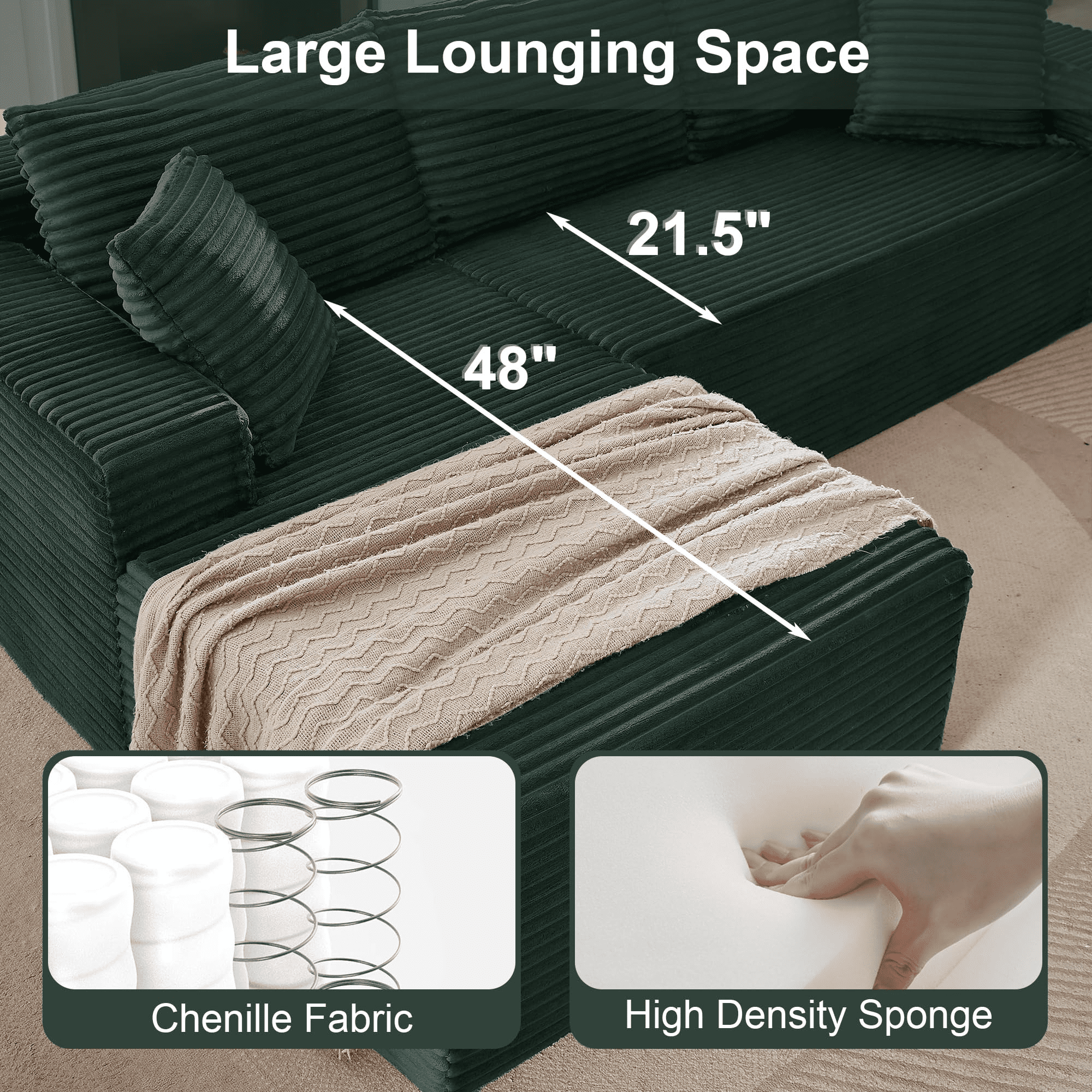 GNIXUU 103” W Corduroy Boneless Couch, L-Shaped Sectional Sofa with Left Facing Chaise, Comfy Memory Foam Cloud Compression Couches for Living Room Home Office, No Assembly,Green