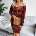 thumbnail image 4 of Lilgiuy Woman Temperament Mini Dress Solid Color Hip Wrap Long Sleeve Square Collar Straps Slit Dress Brown Fall for 2022 Spring Winter, 4 of 5