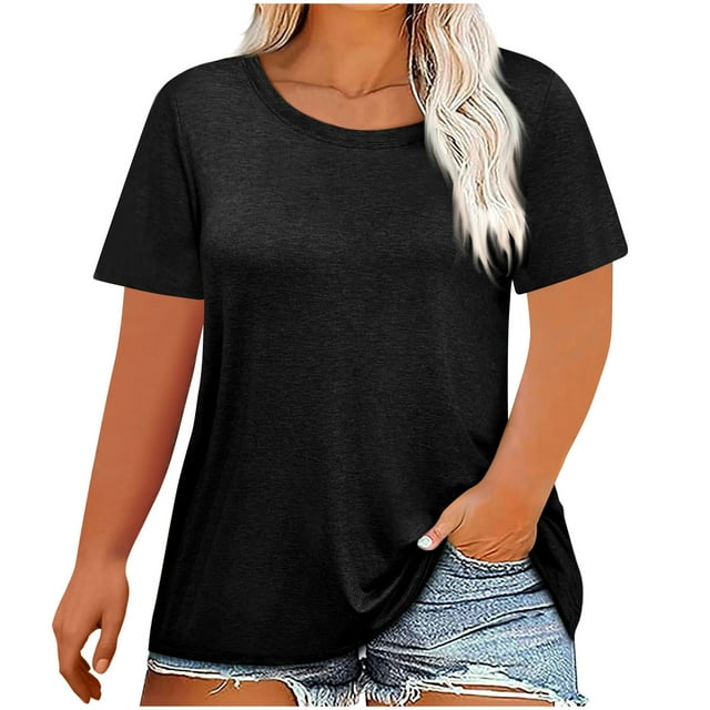 Hauts pour Femmes Manches Courtes Col Rond T-Shirt Imprimé Blouse Ample Tenue Décontractée T-Shirts Basiques Été 2025 Noir XXXXXL