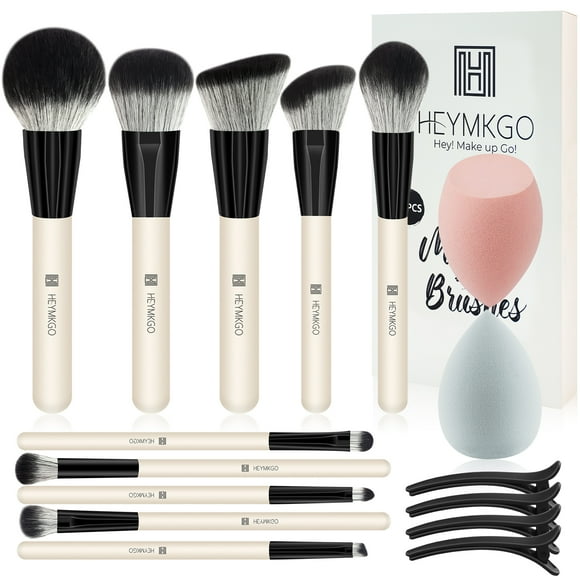 DUAIU Set de 10 Pinceles de Maquillaje + 2 Esponjas y 4 Horquillas - Brochas para Base, Rubor, Corrector y Sombrias - Ideal para Regalo de Navidad y San Valentín (Negro)
